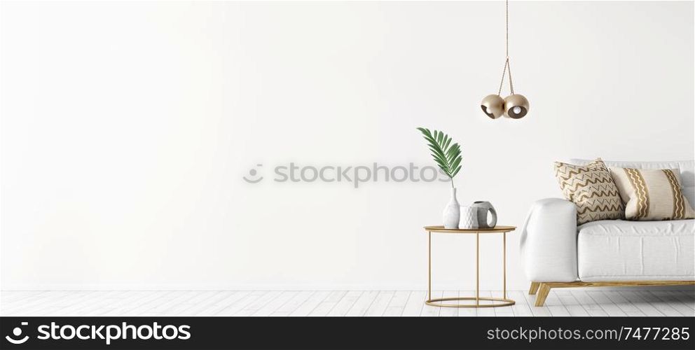 Interior of living room with sofa and coffee table over white wall and floor panorama 3d rendering