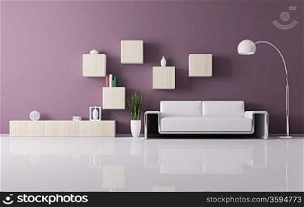 Interior of living room with sofa and shelves 3d render