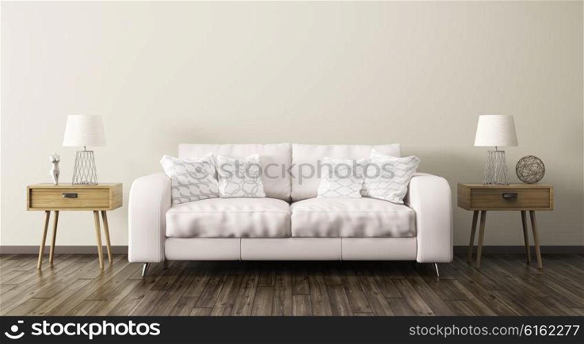 Interior of living room with sofa and two wooden cabinets 3d render