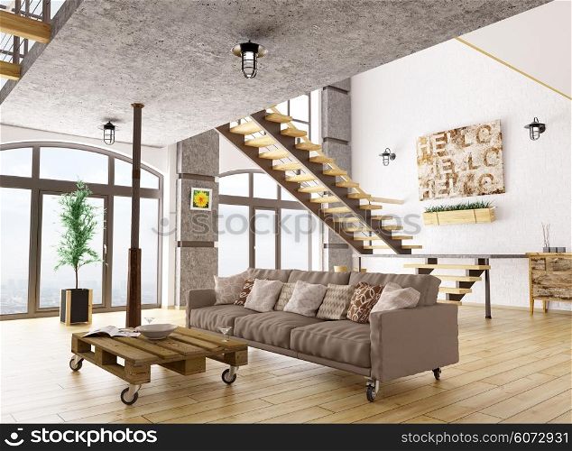 Interior of living room with sofa, staircase 3d render
