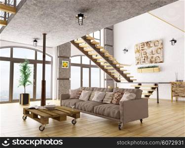 Interior of living room with sofa, staircase 3d render