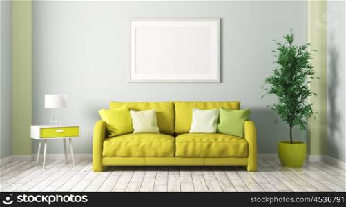 Interior of living room with sofa, wooden cabinet,plant and frame 3d render
