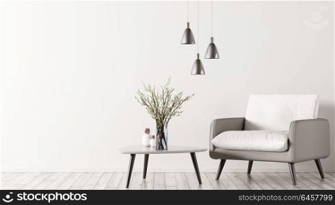 Interior of living room with triangular coffee table, lamps and white grey armchair 3d rendering