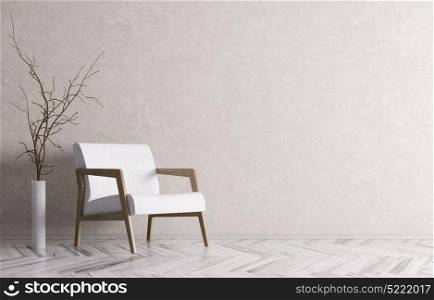 Interior of living room with white armchair and branch over stucco wall 3d rendering