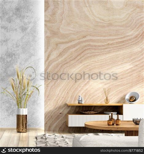 Interior of living room with white sideboard over wooden paneling mock up wall. Home background design. 3d rendering