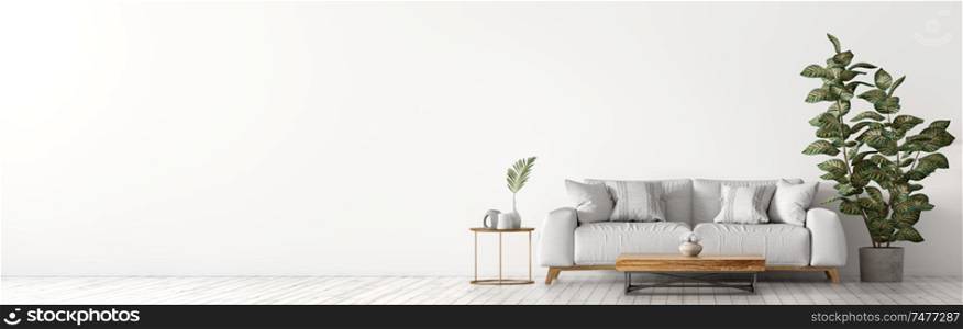 Interior of living room with white sofa, coffee table and plant panorama 3d rendering