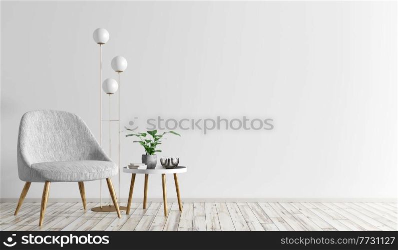 Interior of living room with wooden coffee table. Floor lamp and armchair over white wall with copy space, modern home design 3d rendering