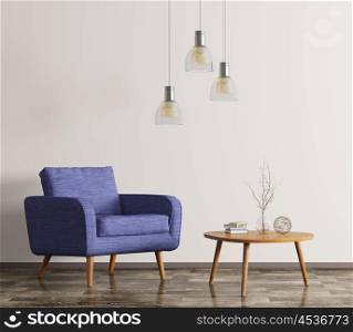 Interior of living room with wooden coffee table and blue armchair 3d rendering