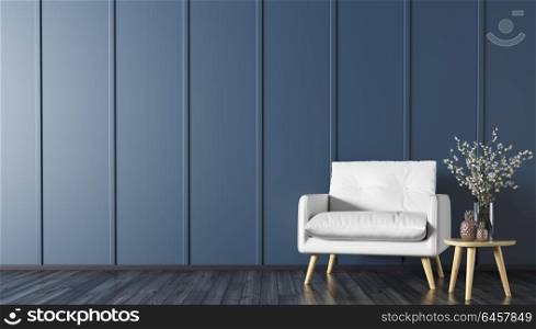 Interior of living room with wooden coffee table and white armchair 3d rendering