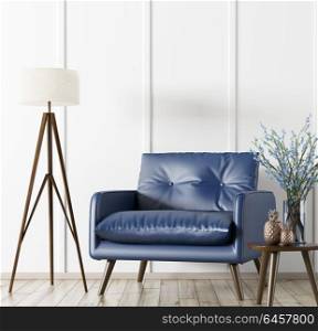 Interior of living room with wooden coffee table,floor lamp and blue armchair 3d rendering