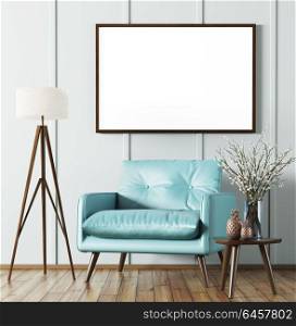 Interior of living room with wooden coffee table,floor lamp, blue armchair and mock up poster 3d rendering