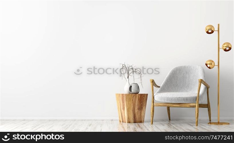 Interior of living room with wooden coffee table, golden floor lamp and gray armchair against white wall with copy space 3d rendering