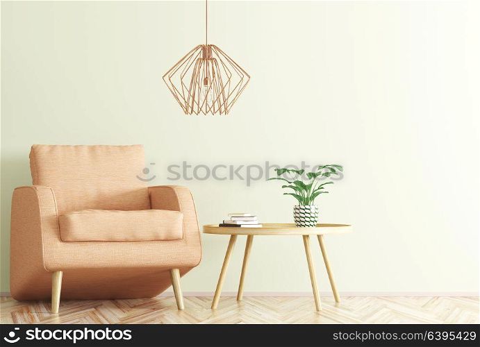 Interior of living room with wooden coffee table, lamp and armchair 3d rendering