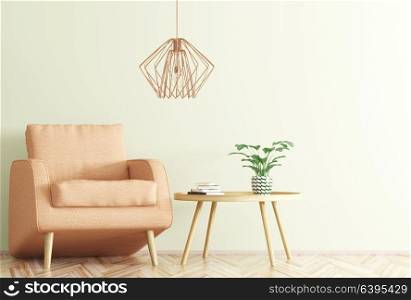 Interior of living room with wooden coffee table, lamp and armchair 3d rendering