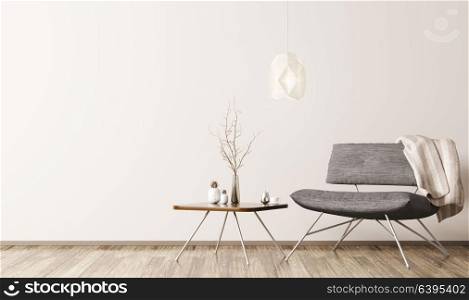 Interior of living room with wooden coffee table, lamp and black armchair 3d rendering