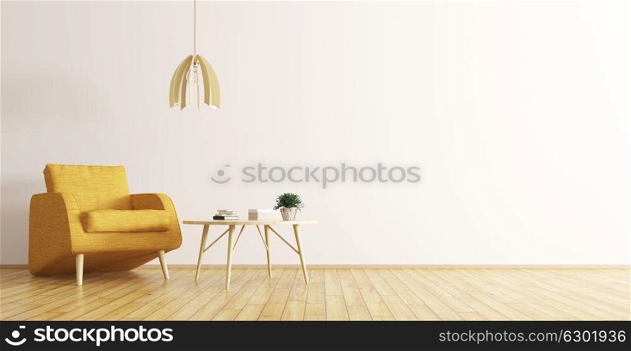 Interior of living room with wooden coffee table, lamp and orange armchair 3d rendering