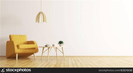 Interior of living room with wooden coffee table, lamp and orange armchair 3d rendering