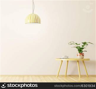Interior of living room with wooden round coffee table and lamp 3d rendering