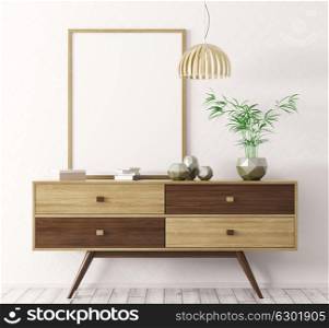 Interior of living room with wooden sideboard and blank mock up poster frame 3d rendering