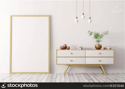 Interior of living room with wooden sideboard and blank mock up poster frame 3d rendering