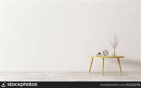 Interior of living room with wooden triangular coffee table 3d rendering
