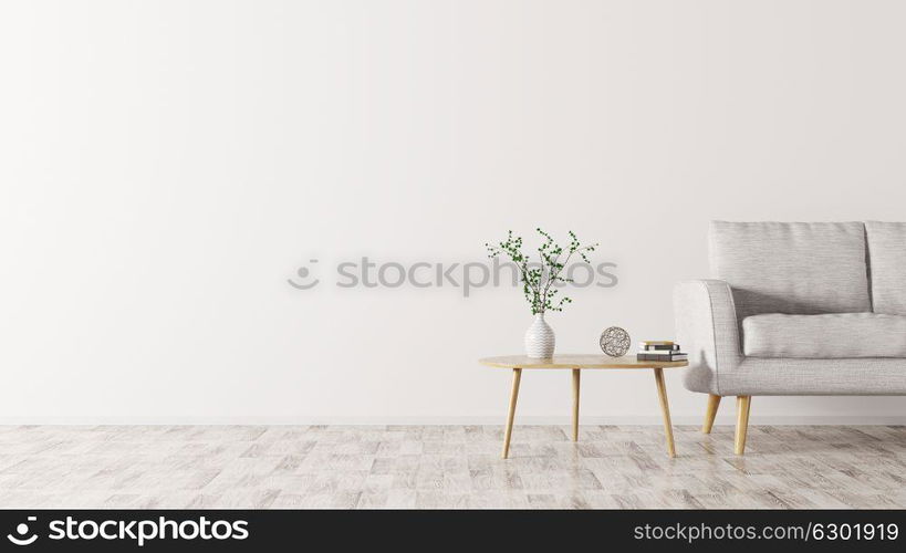 Interior of living room with wooden triangular coffee table and grey sofa, scandinavian style, 3d rendering