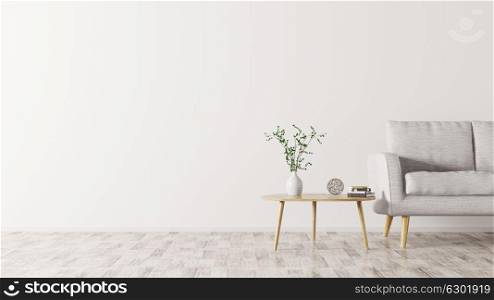 Interior of living room with wooden triangular coffee table and grey sofa, scandinavian style, 3d rendering