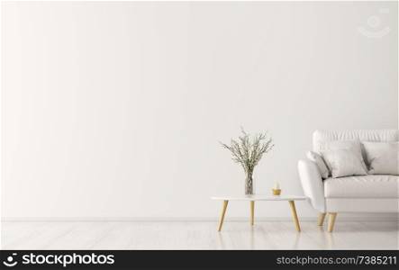 Interior of living room with wooden triangular coffee table and white sofa, scandinavian style, 3d rendering