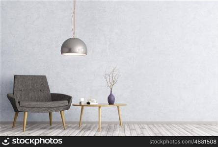 Interior of living room with wooden triangular coffee table, lamp and black armchair 3d rendering