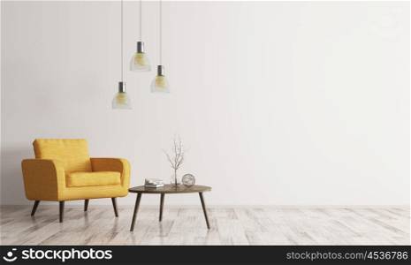Interior of living room with wooden triangular coffee table, lamps and yellow armchair 3d rendering