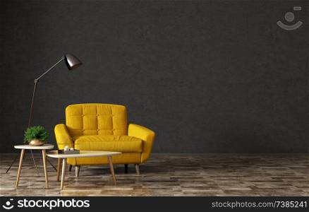 Interior of living room with wooden triangular coffee tables, floor lamp and yellow armchair over black stucco wall 3d rendering