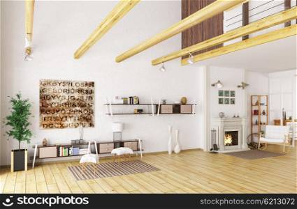 Interior of lounge room with fireplace 3d rendering