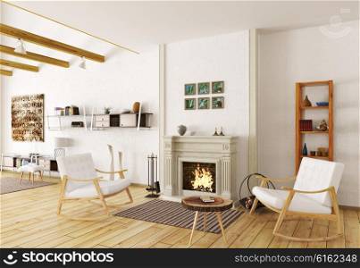 Interior of lounge room with fireplace and two armchairs 3d render