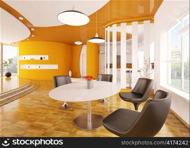 Interior of modern apartment dining room hall kitchen 3d render