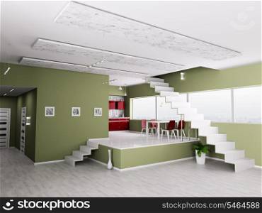 Interior of modern apartment hall kitchen 3d render