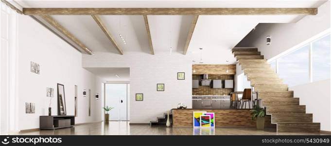 Interior of modern apartment hall kitchen panorama 3d render