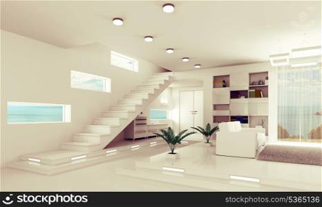 Interior of modern apartment hall with staircase 3d render