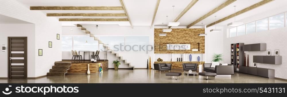 Interior of modern apartment living dining room hall panorama 3d render