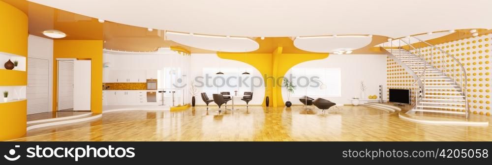 Interior of modern apartment living dining room kitchen hall panorama 3d render