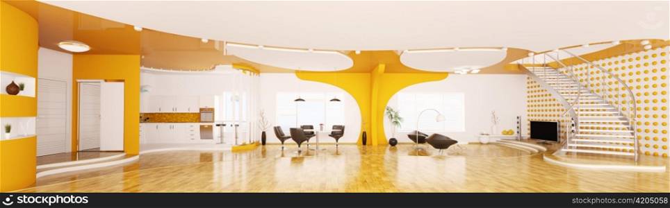 Interior of modern apartment living dining room kitchen hall panorama 3d render