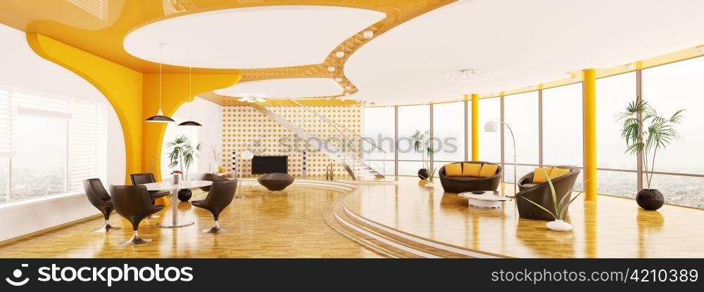 Interior of modern apartment living dining room panorama 3d render