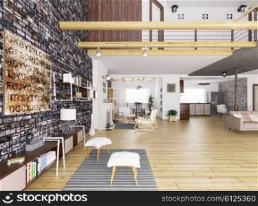 Interior of modern apartment, living room, dining room,kitchen, lounge area 3d render