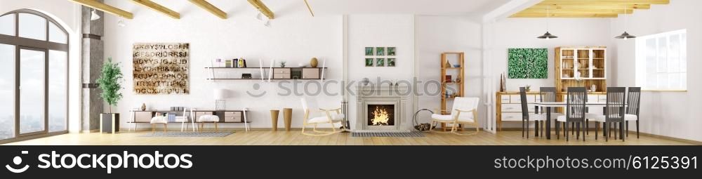 Interior of modern apartment, living room, dining room, lounge area with fireplace, panorama 3d rendering