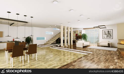 Interior of modern apartment living room hall 3d render