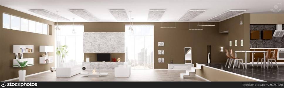 Interior of modern apartment living room hall kitchen panorama 3d render