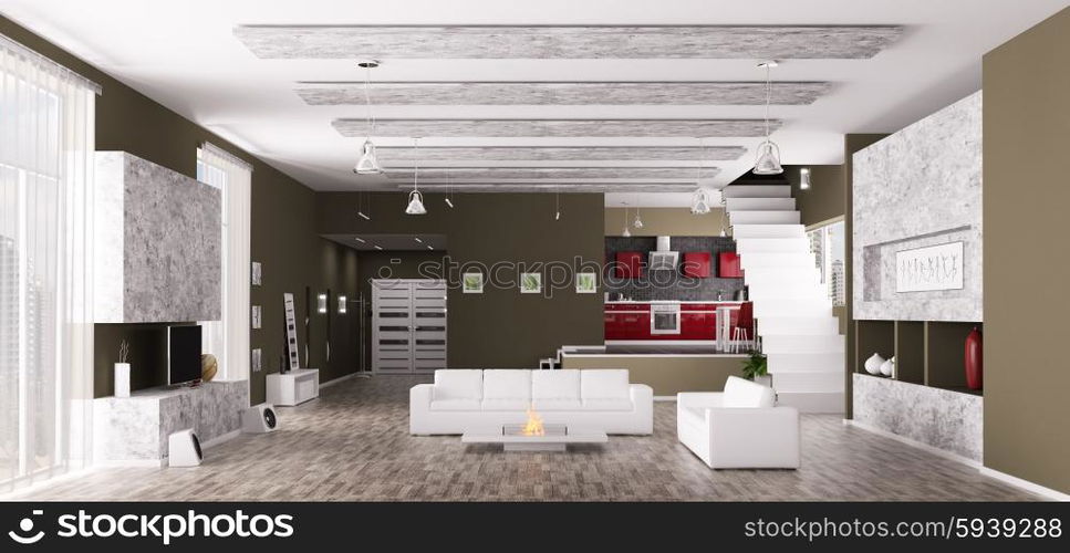 Interior of modern apartment living room hall kitchen panorama 3d render