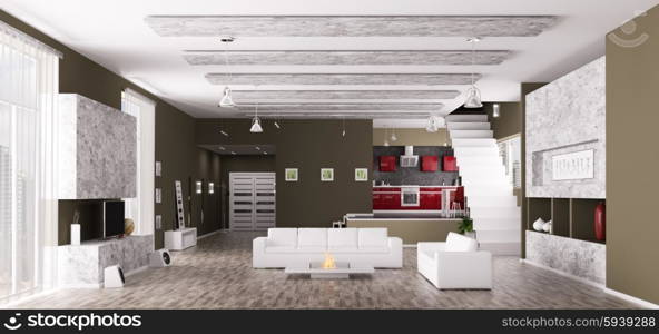 Interior of modern apartment living room hall kitchen panorama 3d render