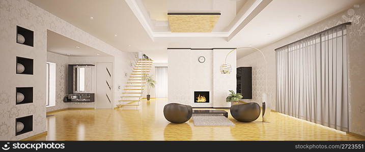 Interior of modern apartment living room hall panorama 3d render