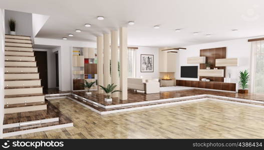 Interior of modern apartment living room hall panorama 3d render