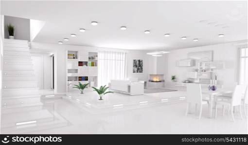 Interior of modern apartment living room hall panorama 3d render
